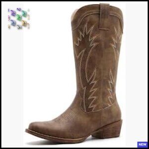Square Toe Cowgirl Boots Mid-Calf Western Boots Embroidered Stitching Low Heel